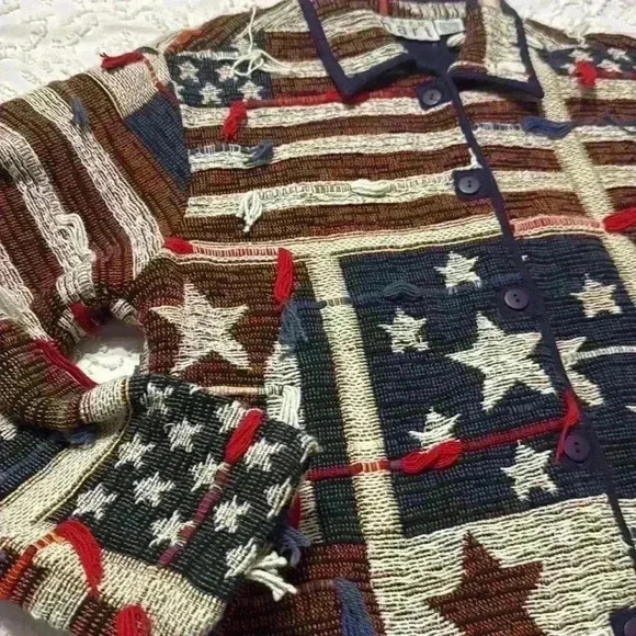 KEREN Hart vintage tapestry patriotic America red white blue button jacket small - Picture 9 of 11